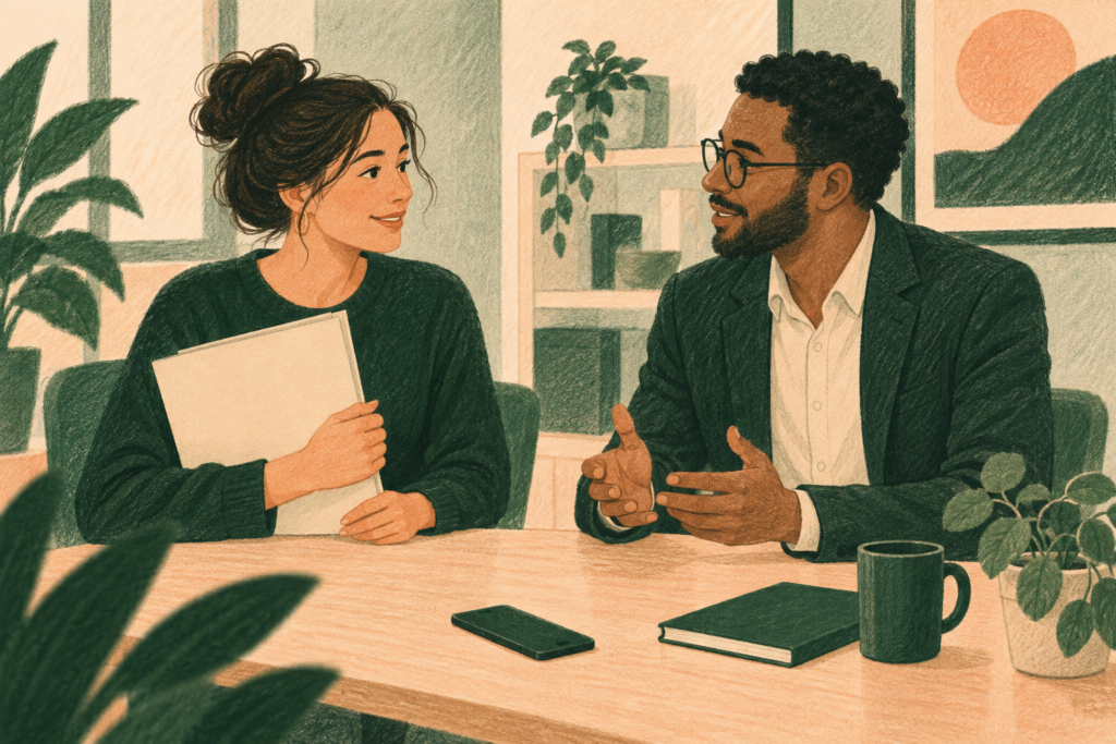 Two people discussing a professional reference request