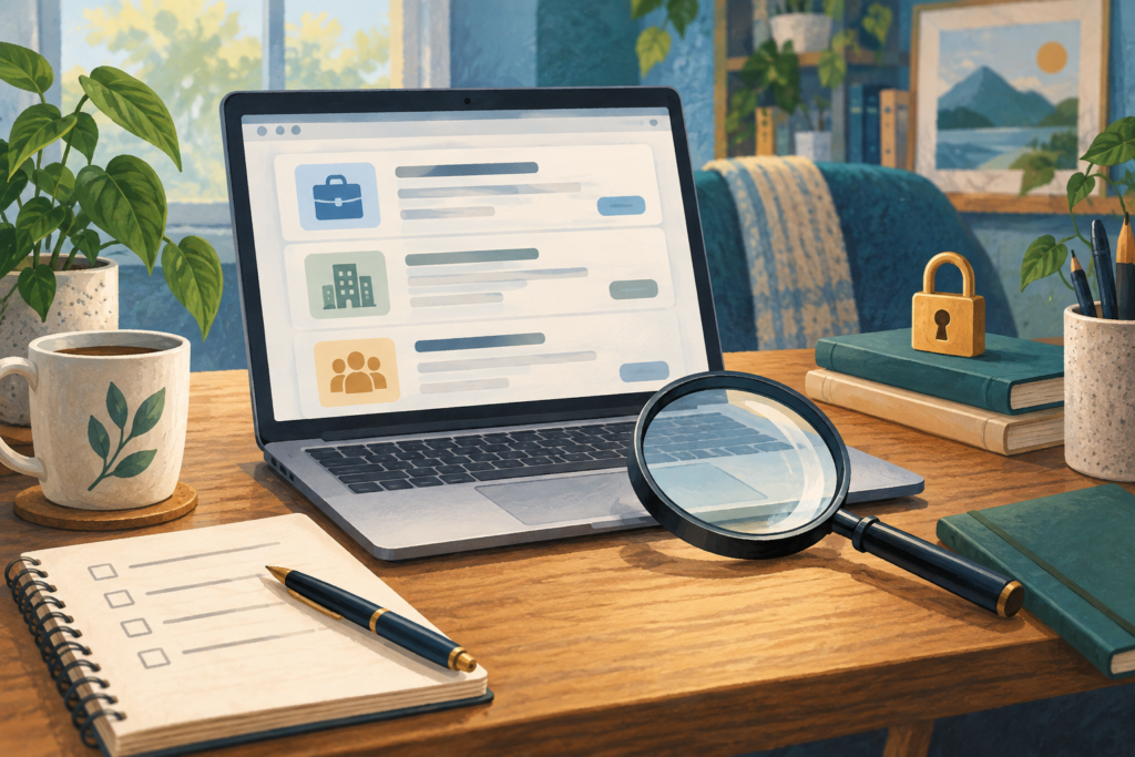 Illustration of a laptop with abstract job listings, a magnifying glass, a notebook and a padlock.